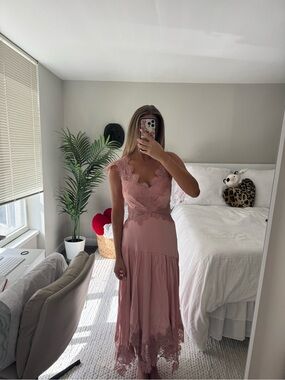 BHLDN Evelyn Lace V-Neck High-Low Midi Dress